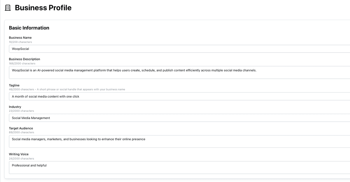 Business profile setup