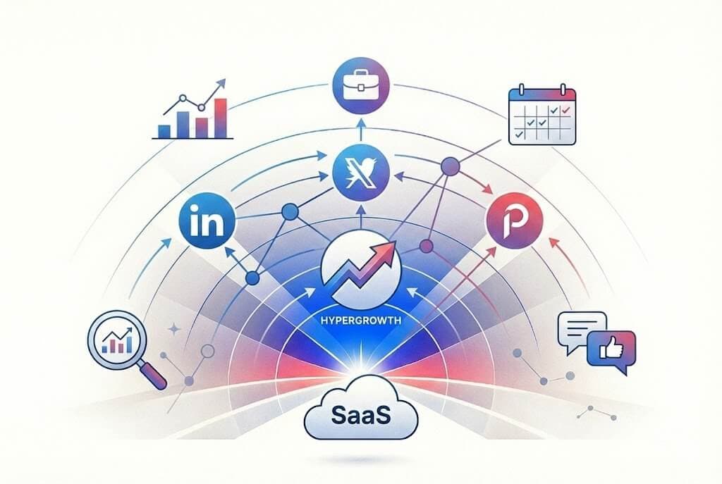 Illustration of hypergrowth SaaS social strategy with platform icons