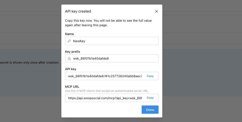 WoopSocial API key setup for MCP and AI agents