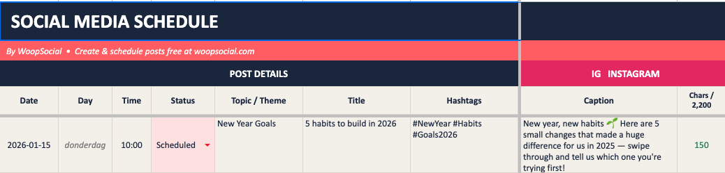Social media scheduling spreadsheet with character counts per platform